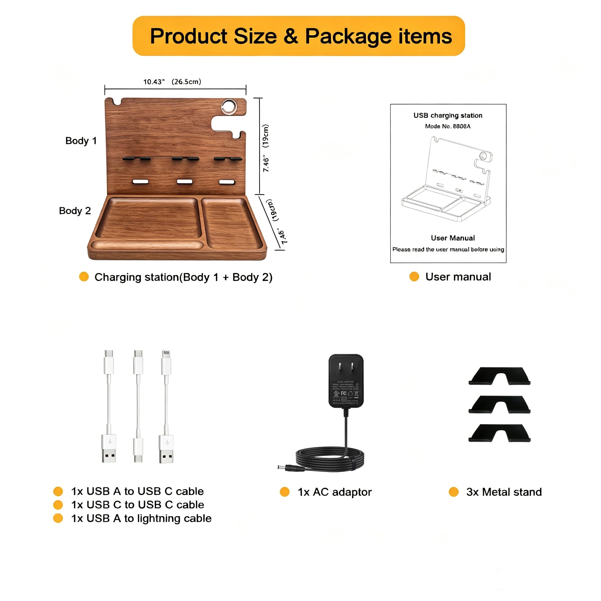 Holz-Handy-Dockingstation, Nachttisch-Organizer, Ladestation mit QC 3.0 & PD22,5 W USB-C-Ladegerät, schnelles Aufladen für iPhone, Samsung, Android, Tablet, Uhr, Jahrestag, Geburtstag