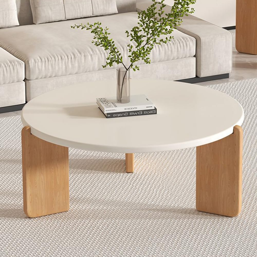 Cream Coffee Table, Modern Coffee Table for Living Room, Small Round Table, Cute End Table, Rustic Wooden Circle Center Room Furniture, 20in