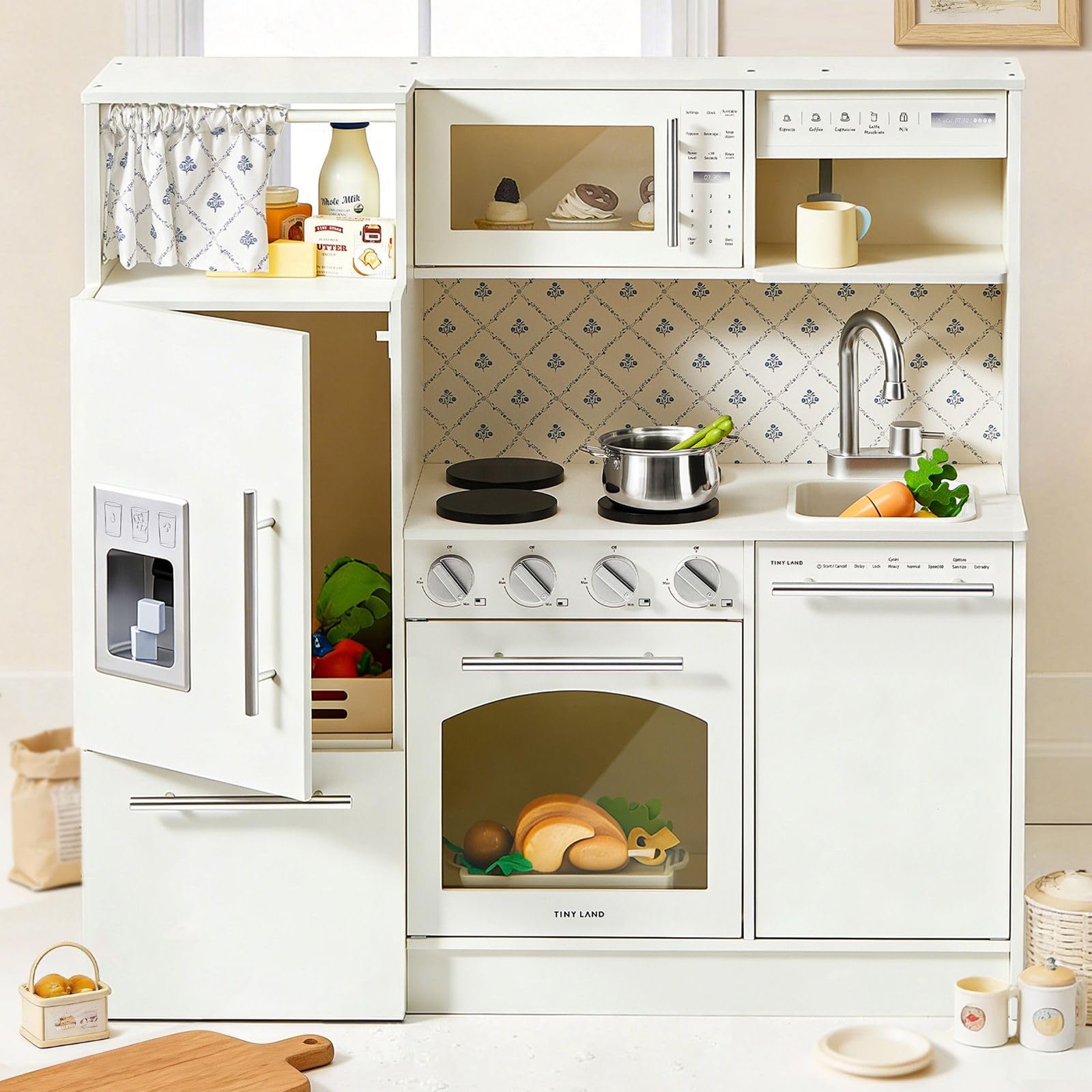 Tiny Land Play Kitchen for Kids, Upgraded Wooden Kitchen Toy with Complete Play Areas, Pretend Cooking Set with Sink, Stove, Microwave, Toy Coffee Station & Storage for Kids Ages 3+ White