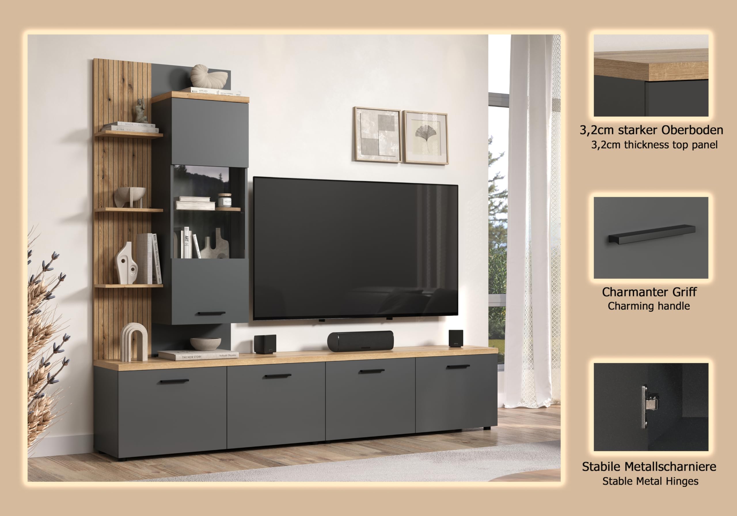 trendteam smart living Baggio Wohnwand Grau/Eiche Kombination aus Hängevitrine und 2 Lowboards (BxHxT) 240 x 212 x 40 cm für TV bis 65 Zoll