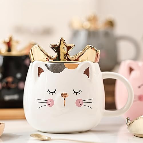 Miniatura 5 de Juego de 4 tazas de gato lindo juego de 4 tazas de gato con corona con tapa para teléfono celular para amantes de los gatos, lindas tazas de café de