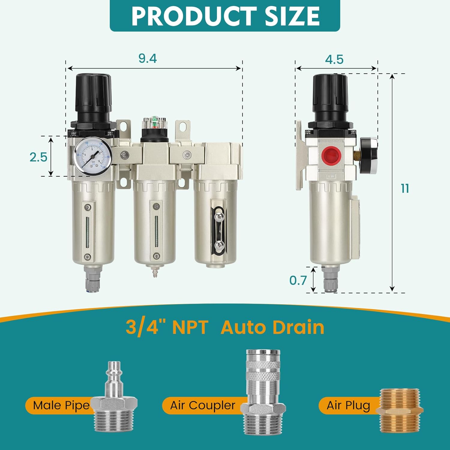 3/4" NPT Industrial Air Dryer for Compressor,3 Stage Air Compressor Water Separator System,Filter Oil Water Separator Dryer for Plasma Cutter and Paint Spray,Auto Drain