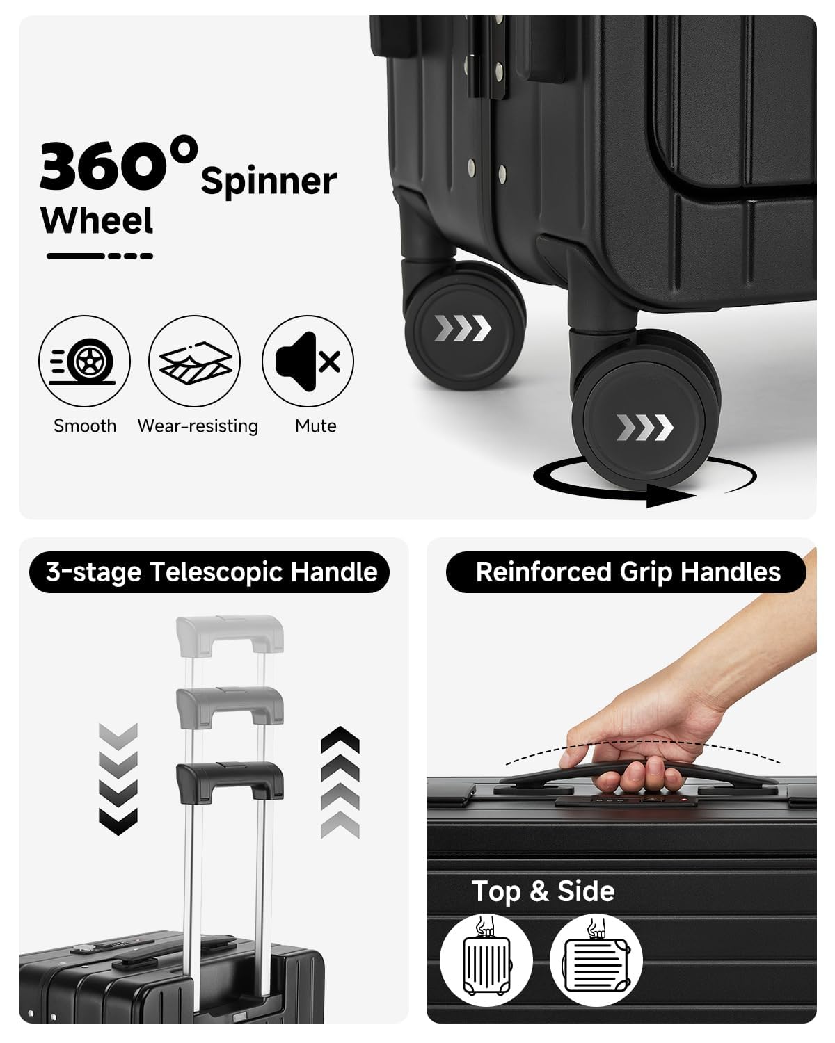 Sea choice Valise Rigide PC Légère avec Compartiment pour Ordinateur Portable Bagage à Main Trolley avec 4 roulettes Doubles Pivotantes et Serrure TSA Chargement USB, Porte-gobelet