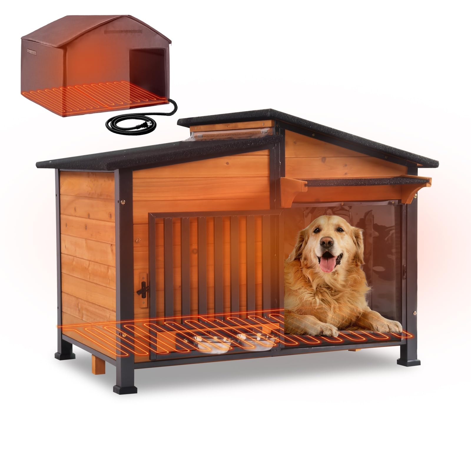 GUTINNEEN Large Heated Dog House Outdoor Insulated Dog Kennel Weatherproof with Safe Heating Pad, Full 6-Sided Insulation, Chew-Proof Metal Frame, Rotatable Spill-Proof Bowl for Large Dog Breeds