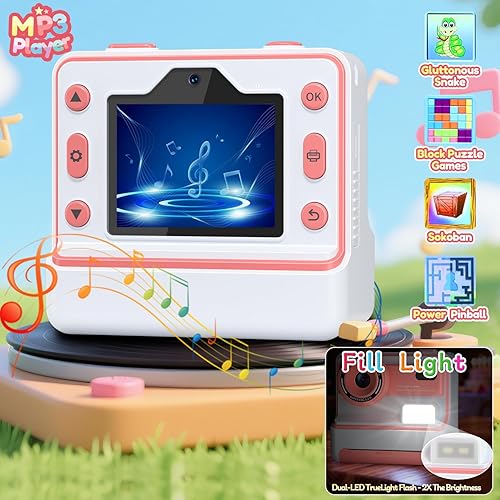 Miniatura 6 de Cámara para niños, regalo para niñas: Cámara digital de impresión instantánea de lente dual, regalos de Navidad y cumpleaños, juguetes para niñas y