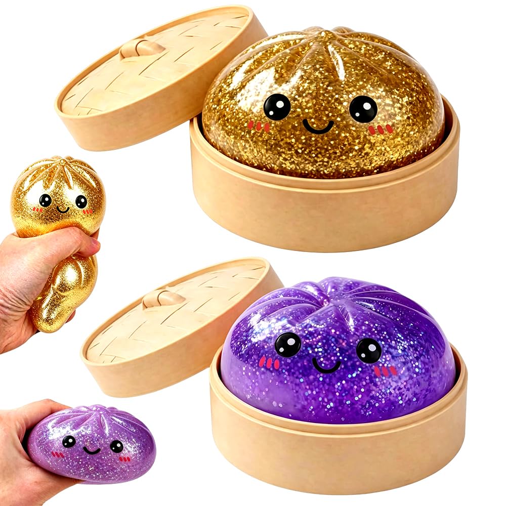 MIFKLMV 2 Pcs Giant Dumpling Squishy, Giant Dumpling Squishy Toy, Toy Dumplings with Steamer Box, Soft Squeeze Dough Hand Fidget Toys, Funny Slow-Rise Stress Toys, Pink/Purple
