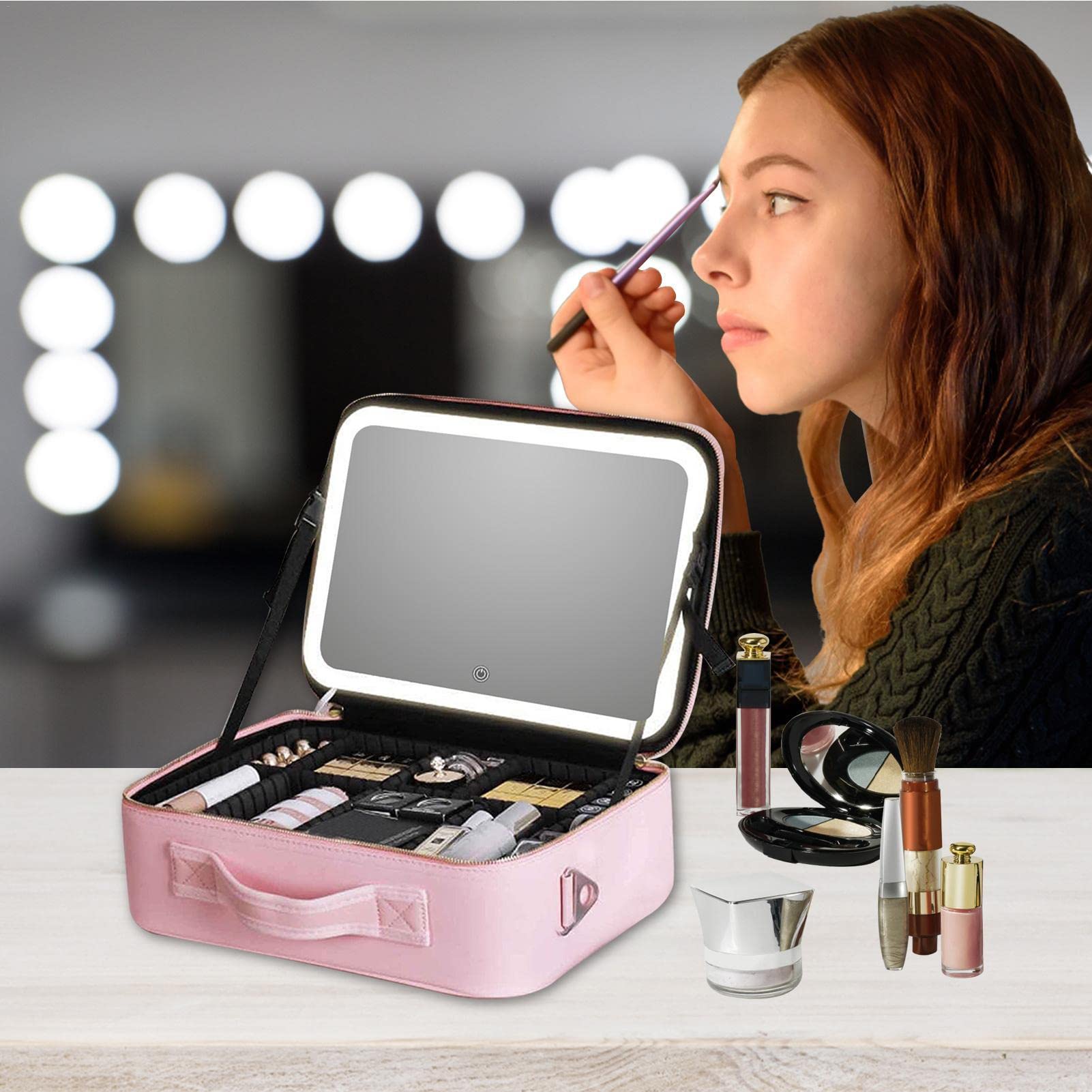 Abonda Reise-Make-up-Tasche, Make-up-Tasche mit Spiegel und Lichtern, PU-Leder Kosmetikkoffer für Frauen Kosmetik, Make-up-Pinsel, Toilettenartikel | Leder Kosmetikkoffer für Frauen Kosmetik, Make-up-Pinsel, Toilettenartikel
