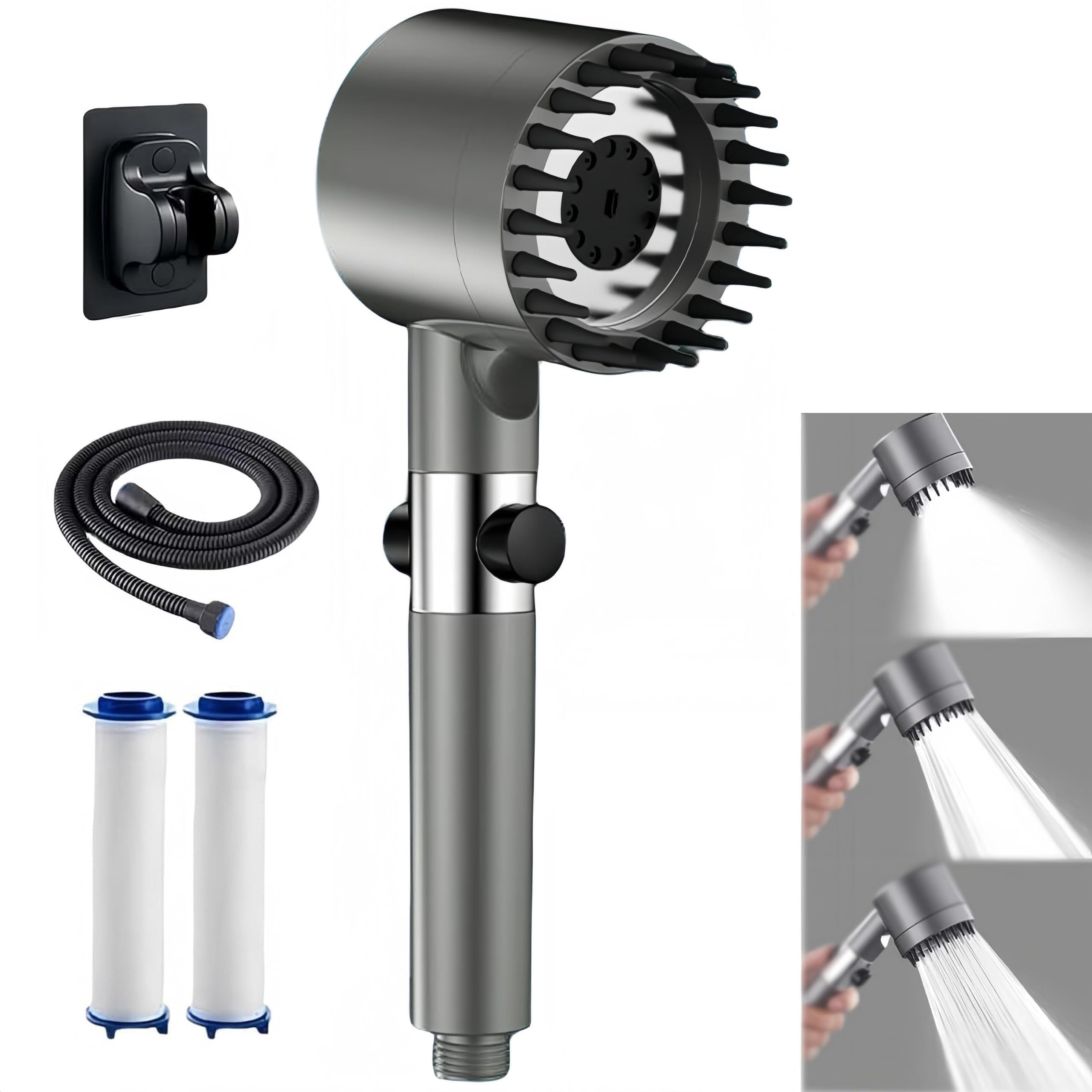 HBSTUDIO Handheld Showerhead Multifunctional Massage,One Button Waterstop Skin Beauty with 2 PCS Purifying Water Filter 1.5m Hose No-Drill Holder (Grey)