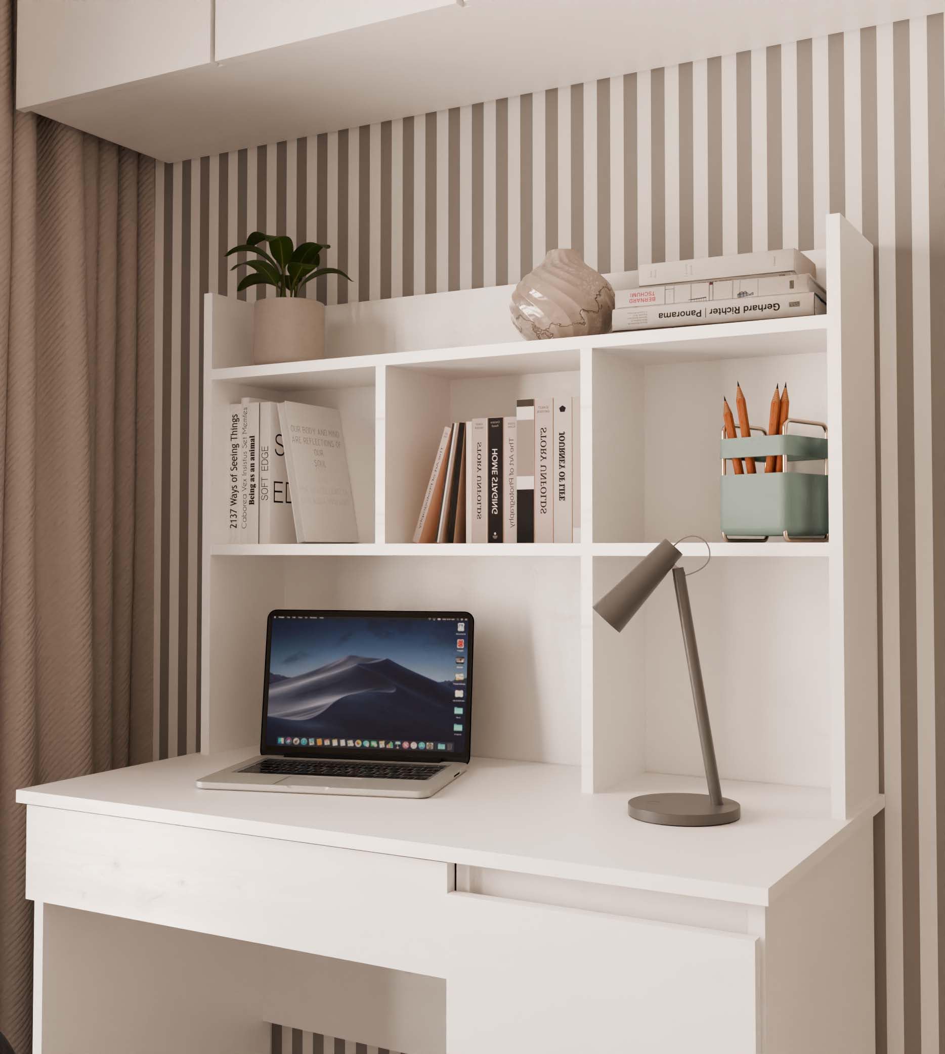 Scrivania Moderna con Libreria 5 Ripiani 98x146 cm, Mobile PC Salvaspazio con 4 Cassetti, Scrittoio per Cameretta e Studio, Design Elegante, Bianco Opaco SCT15 (Cassetti a sinistra)