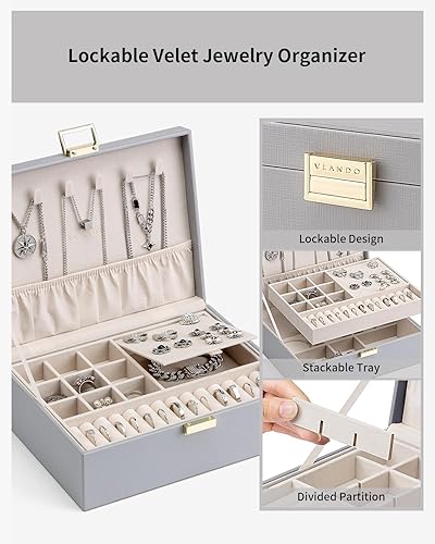 Miniatura 4 de Vlando - Joyero de 2 capas, joyero organizador grande para mujeres, bandeja de joyería removible para collares, aretes, anillos, pulseras, joyeros,
