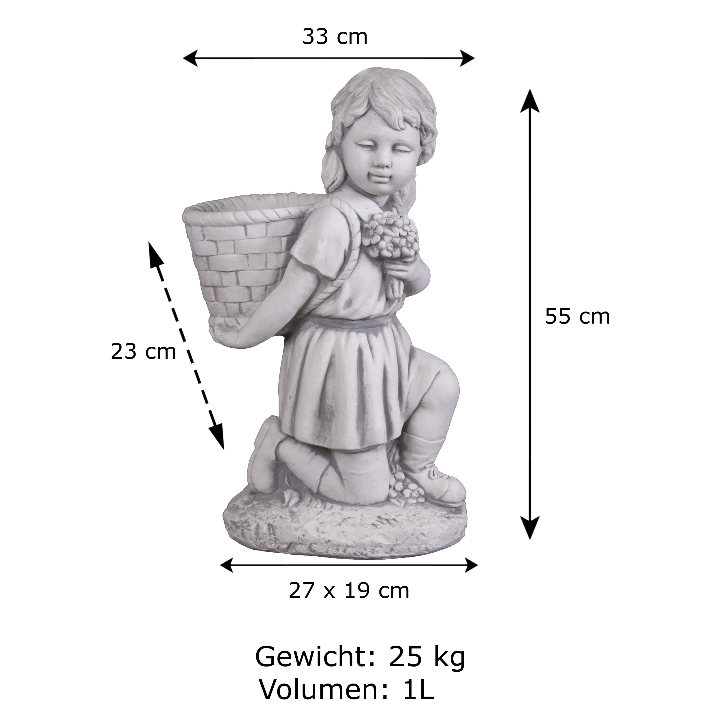 gartendekoparadies.de Gartenfigur Mädchen mit Pflanzkorb, 55 cm Höhe, 25 kg, Grau, Steinguss, frostsicher für Außenbereich