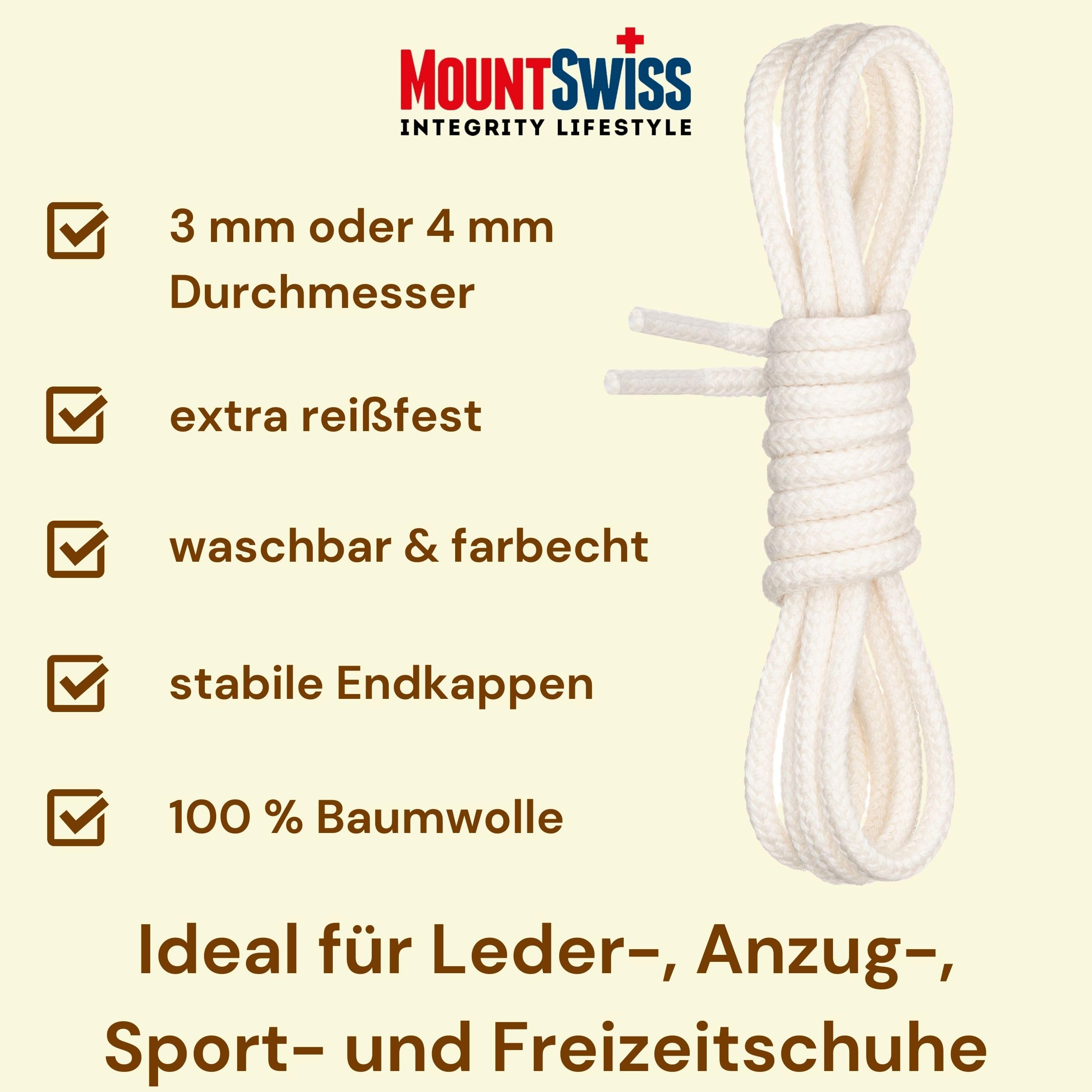 Mount Swiss© Sznurowadła okrągłe, Ø 3-4 mm, bardzo odporne na rozerwanie, ze 100% bawełny, idealne do sneakersów, butów sportowych, butów rekreacyjnych, butów skórzanych itp