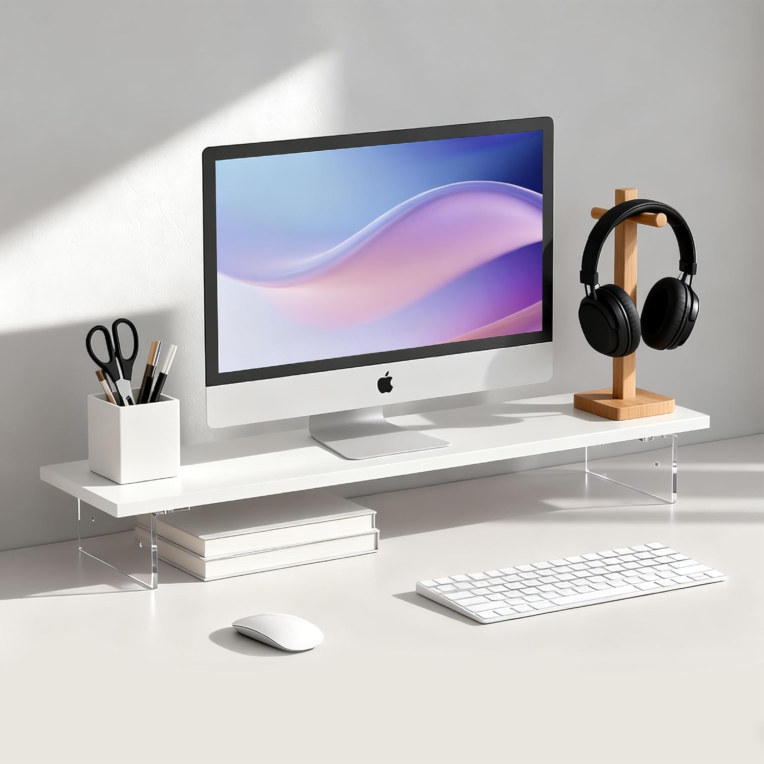 Wood Monitor Stand Riser with Acrylic Legs, Computer Screen Stand Desk Organizer, 31.5 x 7.9 x 3.1 inch, Hold up to 66 lbs (White, 31.5"×7.9"×3.1")