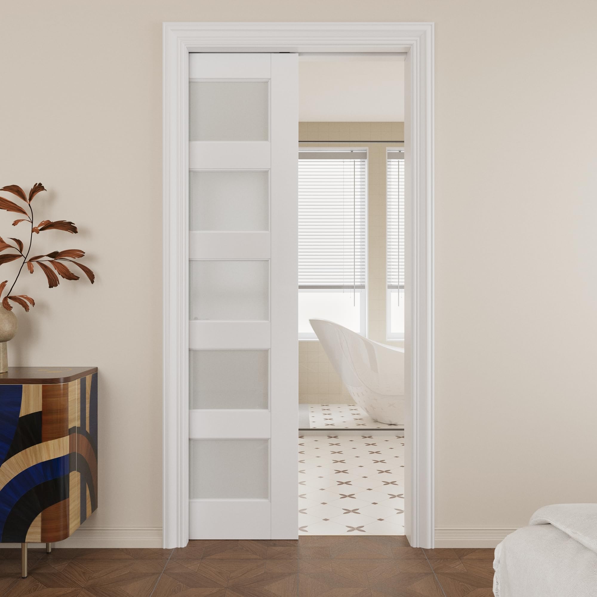 Pocket Door,5-Lite Frosted Glass Doors,Solid Door,32 x 80 Door