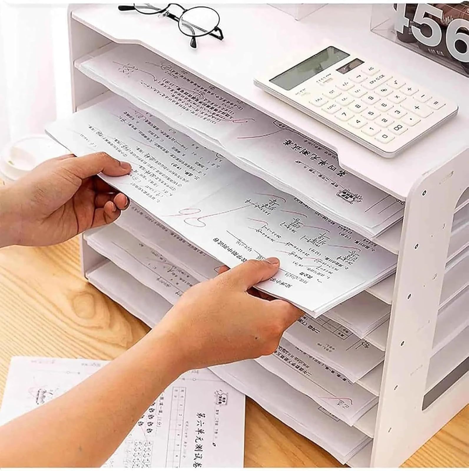 Extra Large Desk Organiser – A3 Paper Organiser Tray with 7-Tier Filing Trays Stackable, Wooden File Organiser Rack for Office and School
