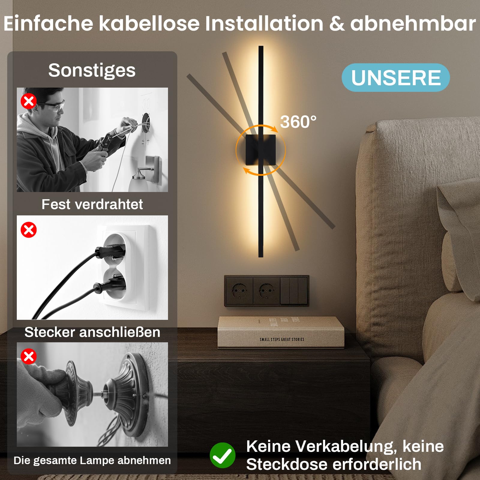 Akku Wandleuchte Innen Schwarz 10000mAh,80cm Wiederaufladbar Wandlampe,3 Farbtemperaturen Dimmbar,Moderne Kabellose Leuchte mit Fernbedienung,360°Drehbar & Timer für Schlafzimmer & Wohnzimmer