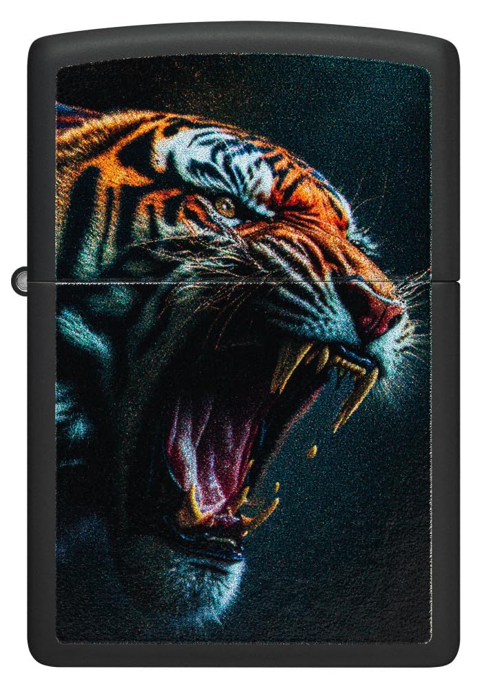 Zippo - Briquet tempête, Motif Tigre féroce, Noir Mat, Impression colorée Color Image, Rechargeable, réutilisable, Coupe-Vent, boîte Cadeau, fabriqué aux États-Unis