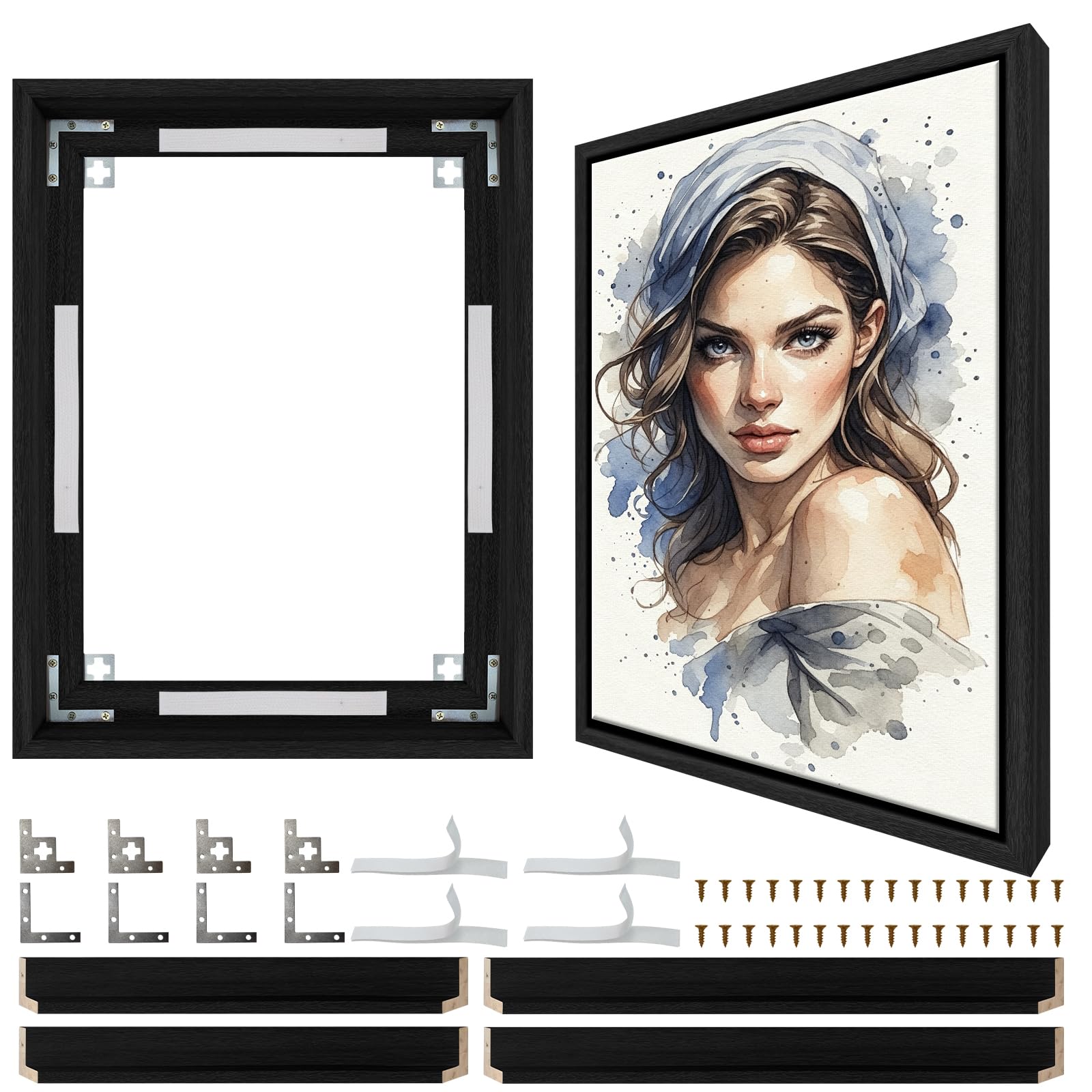 Canvas Floater Frame for 8x12 inch(20x30cm) Canvas Paintings,1" Deep Self-assembling Floating Frame for Oil Paintings,Wall Art,Poster,with Adhesive Strips Included(Black,Wood)