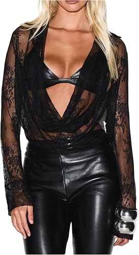 MakeMeChic Women's Floral Lace Cowl Neck Blouse Long Sleeve Draped Sheer Shirt F