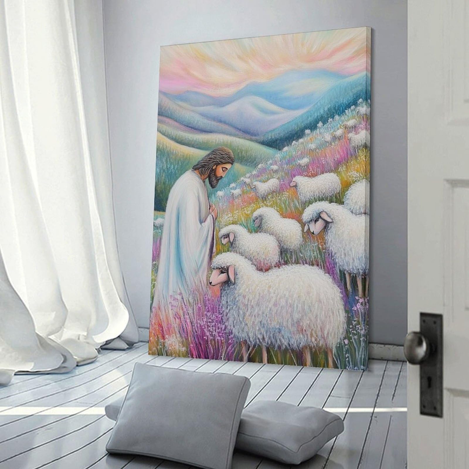 Junmoney Frame-Style-18 Jesus With Sheep Art Print Wall Picture Print, 20X30inch(50X75cm), For New Homes, Bedrooms Or Workspaces, Thoughtful Wall Decor For Art Lovers