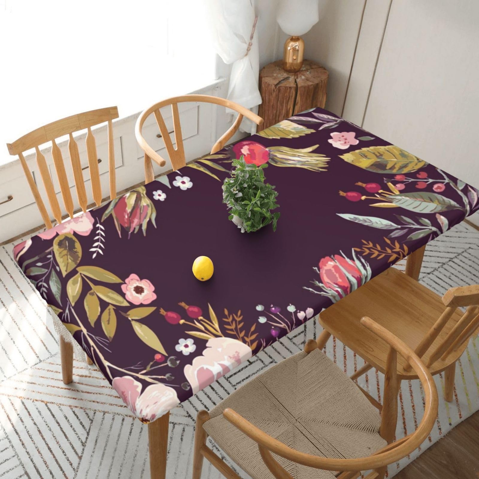 DCEHGEW Elastic Fitted Rectangle Tablecloth for 5ft Tables, Floral Printed Oilproof & Washable Fabric Picnic Table Cloth Table Covers