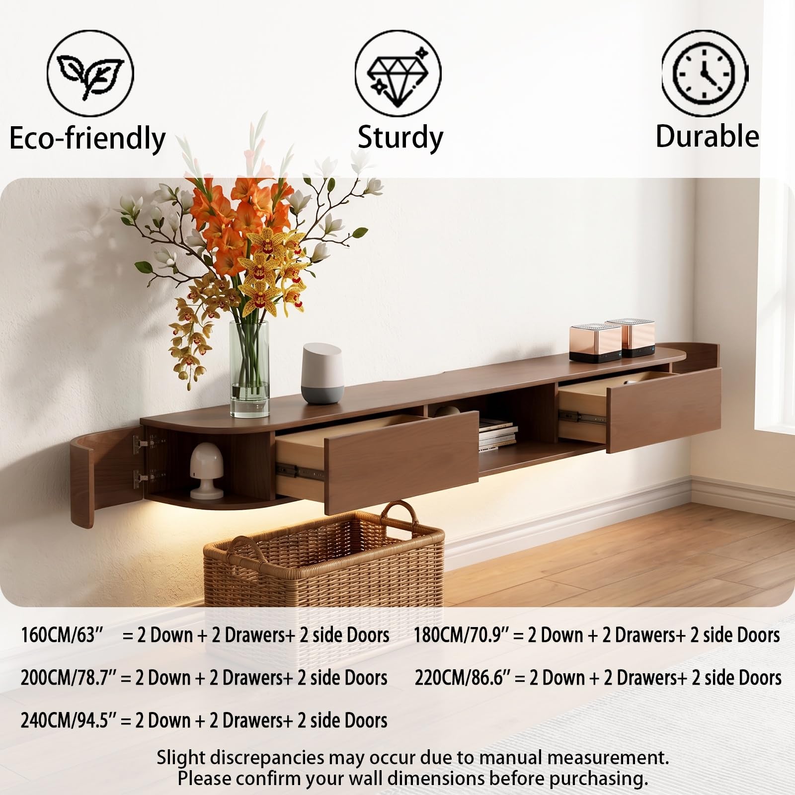 Mobile TV Sospeso con Luce LED – Mobile TV a Parete, Multimediale TV Moderna Legno massello-Noce 240CM