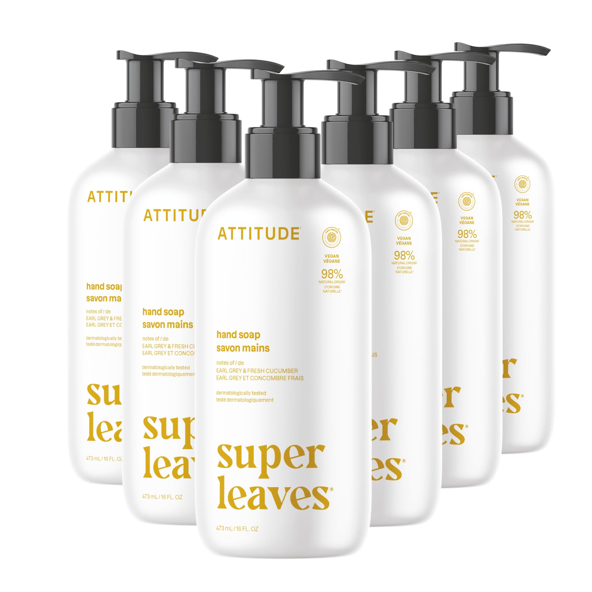 ATTITUDE Liquid Hand Soap, Plant- and Mineral-Based Formula, Vegan & Cruelty-free Personal Care Products, Lemon Leaves, 16 Fl Oz (Pack of 6)