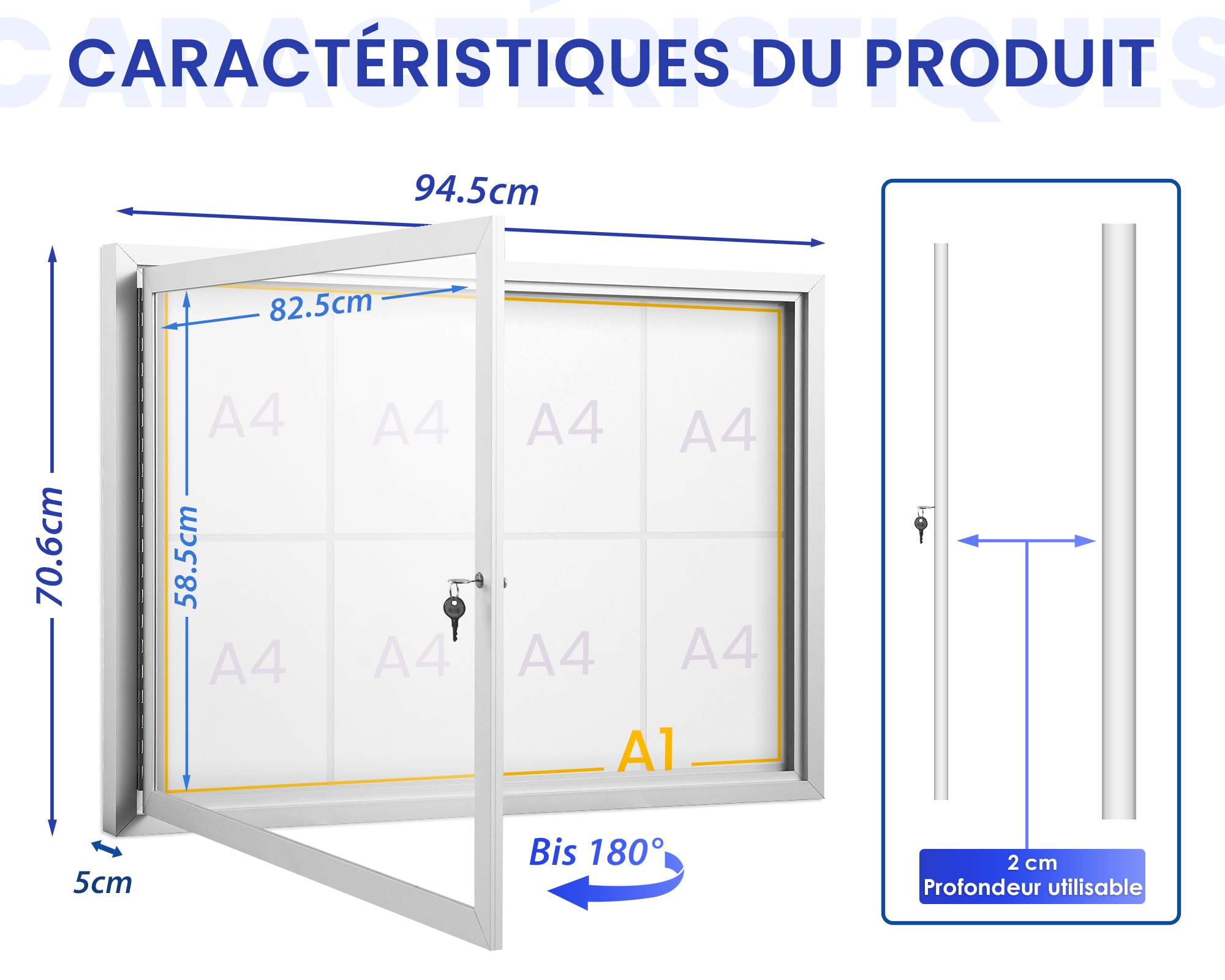 SWANCROWN Panneau affichage exterieur 8 x A4, Mural, Vitrine affichage A1 | Étanche, Magnétique, Verrouillable, Grand, à 2 clés 32 aimants, Dos du tableau blanc, Tableau affichage exterieur entreprises