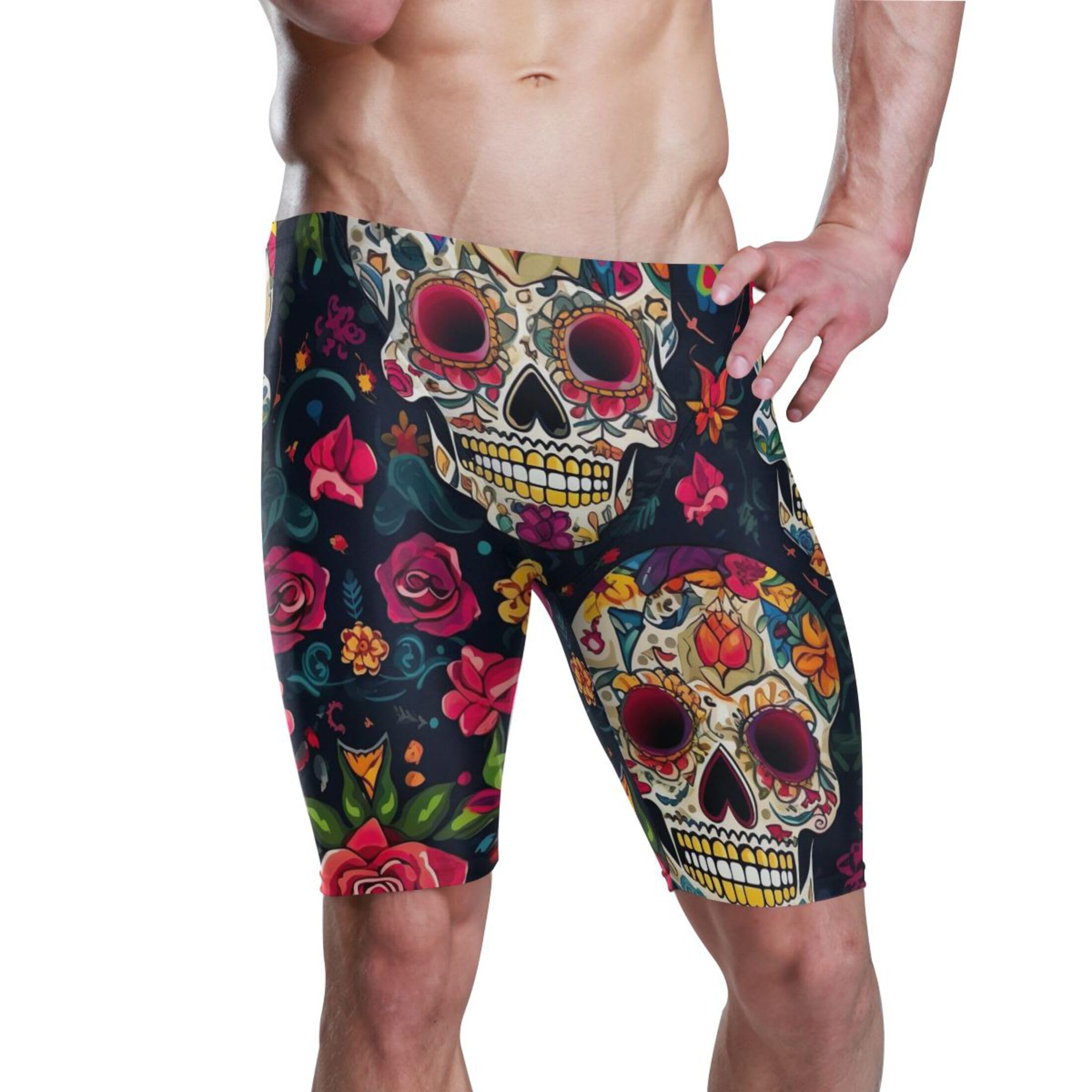 UMIRIKO Sugar Skull Skeleton Gothic Flowers Mens Swim Jammers Swimsuit XL B0400594