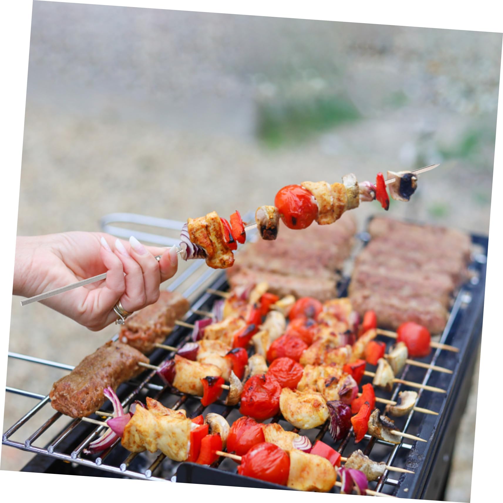 Spiedini Barbecue in Acciaio Inox Spessi 50 Pezzi per Carne | Punte Piatte Argento, Pratici e Riutilizzabili, per Festa Estiva e Attività Bbq