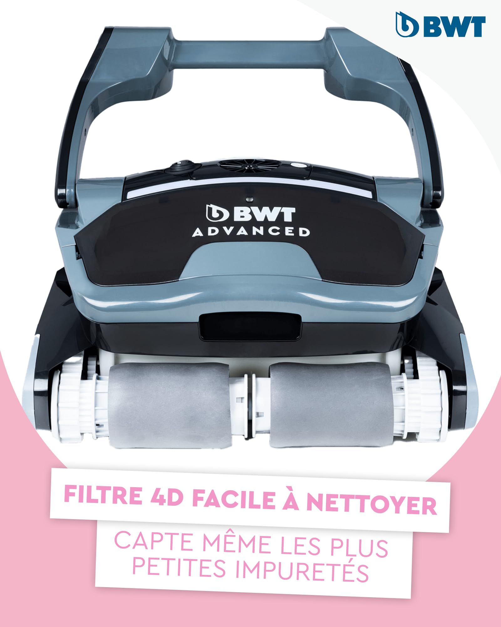 BWT Robot de Piscine FSA2400 Advanced Puissant pour Nettoyage Fond, parois, Ligne d’Eau Jusqu’à 12 m, Navigation Intelligente Smart Navigation, Filtre 4D ultrafin, LEDs Rose