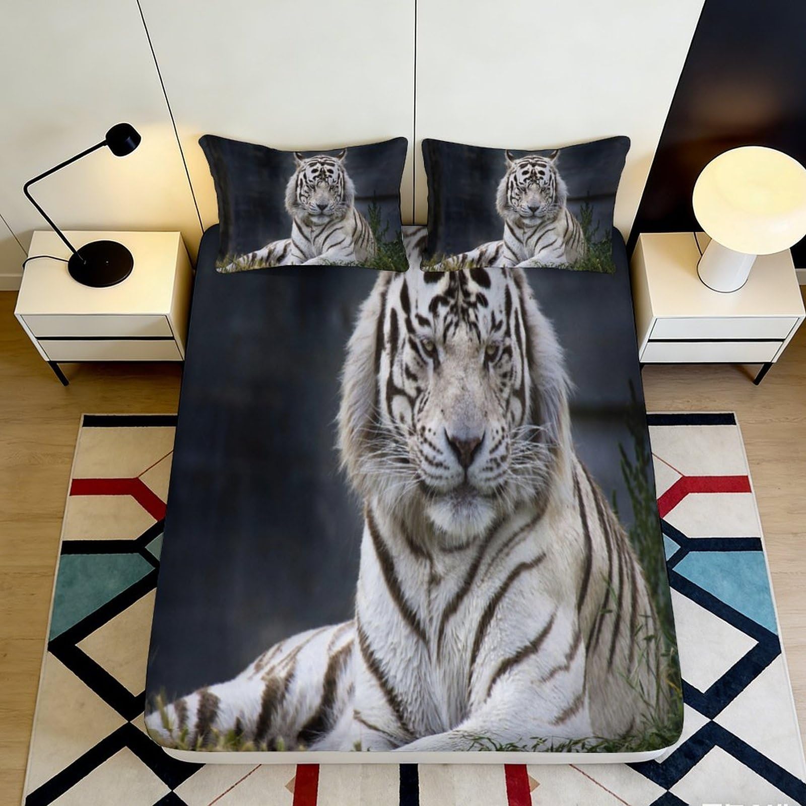 3D Printed White Tiger Fitted Sheet Microfiber Soft Breathable Jungle Animal Mattress Cover for Bedroom Dorm Decor 120x200x25cm