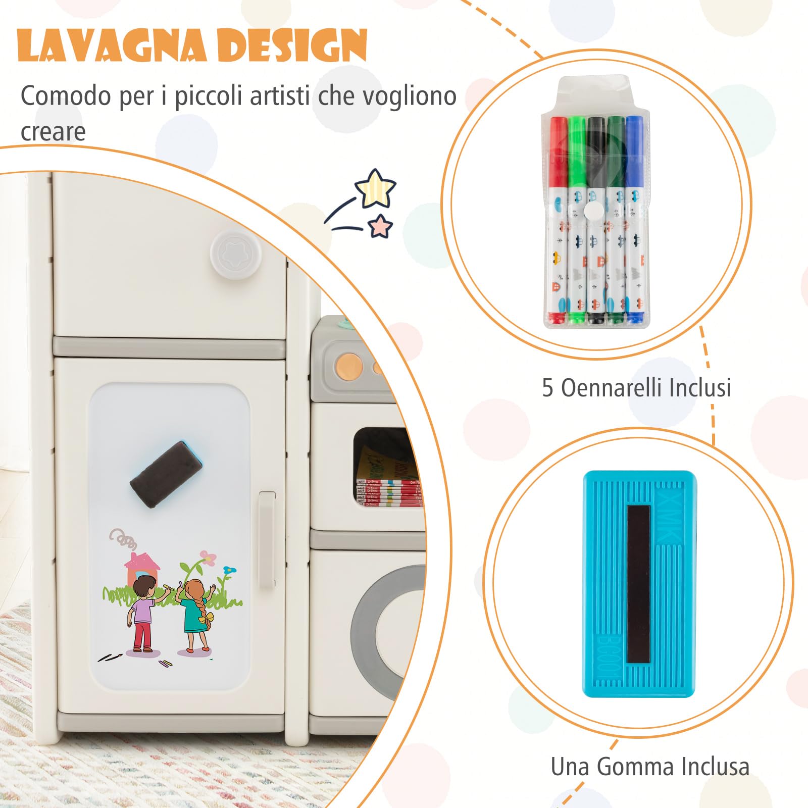 RELAX4LIFE Scaffale per Giocattoli per Bambini, Libreria per Bambini con Lavagna Magnetica, Pennarelli e Cancellino, Mobile Porta Giochi a Forma di Cucina per Asilo Nido e Cameratta