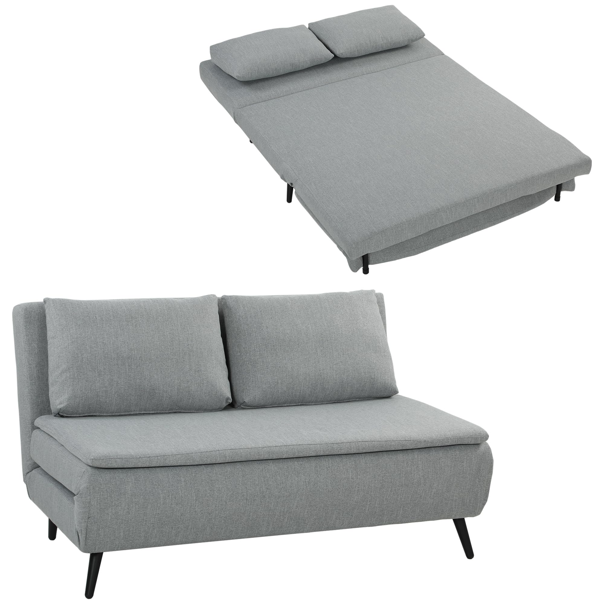 HOMCOM Divano Letto 2 Posti 3 in 1 in Tessuto Effetto Lino con 2 Cuscini, Divano Letto Matrimoniale Salvaspazio Reclinabile 3 Livelli, Seduta Imbottita, Struttura Eucalipto, Soggiorno, Grigio Chiaro