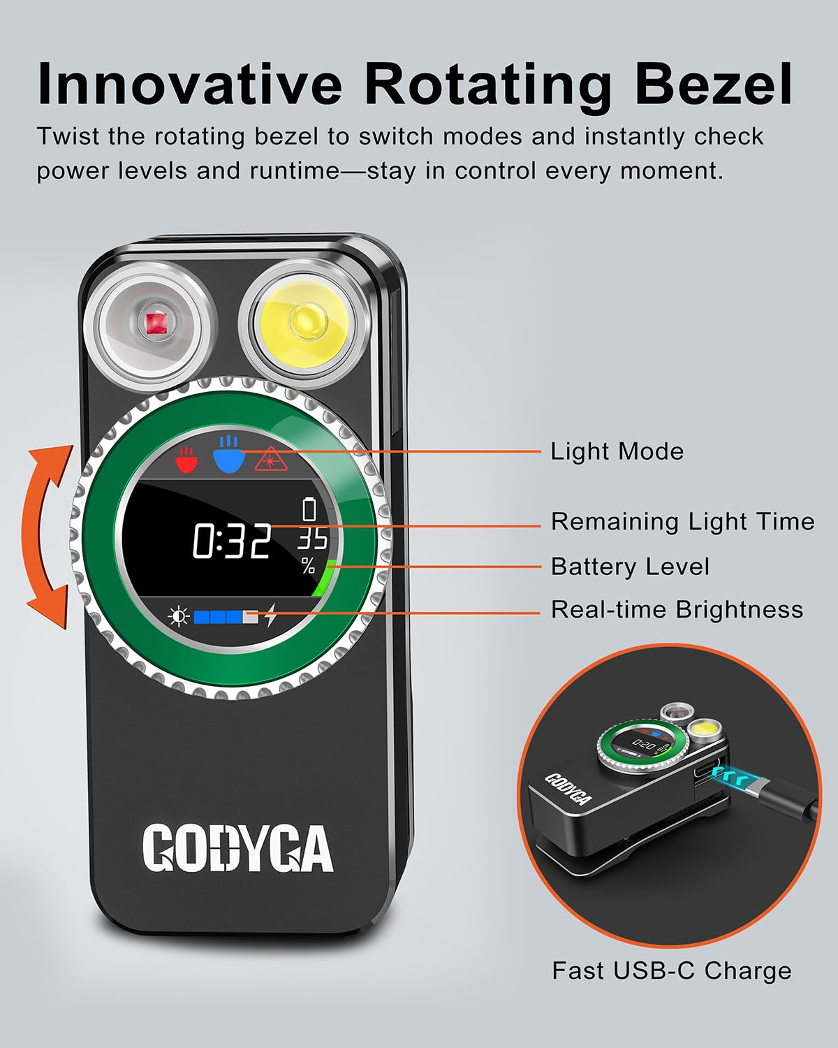 Godyga Lampe Torche LED Rechargeable 4-en-1 avec Télémètre Laser, Lumière Blanche & Rouge, Compteur de Golf, 500 Lumens IPX6, Clip Magnétique, pour Camping, Randonnée, Bricolage
