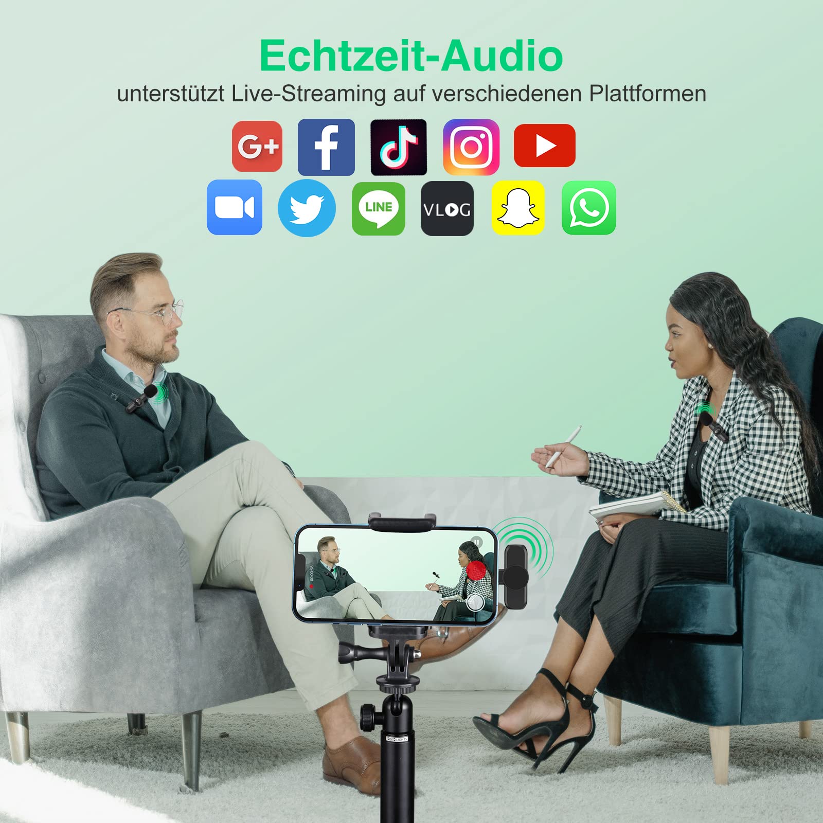 Lavalier Mikrofon Wireless für iPhone,Android(2 Mikfon und 2 Empfänger), Plug-Play Ansteckmikrofon mit Ladegerät Kabelloses Reverberation Wireless mini Microphone für die TikTok/YoTube/Vlog