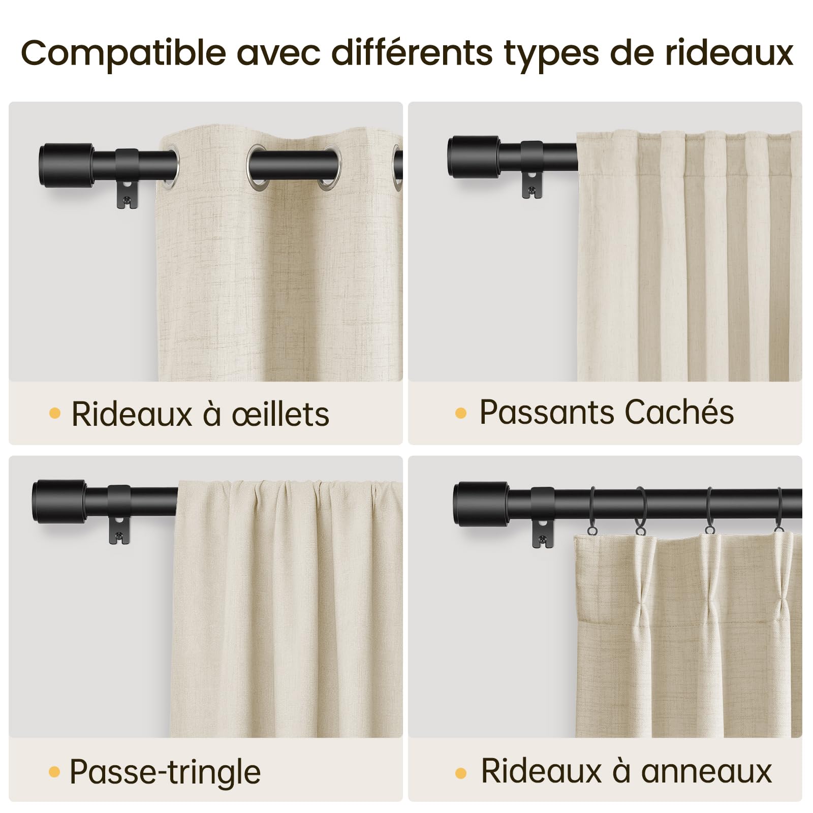 Tringle à Rideaux 81-218 cm Noir Mat, Ø 25 mm Barre en Métal pour Rideaux à Œillets, Extensible, Idéal pour Chambre, Salon & Porte-Fenêtre