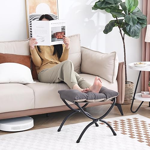 Miniatura 2 de LITA Taburete reposapiés tapizado plegable, moderno y pequeño otomano portátil con cojín de algodón grueso desmontable acolchado con marco de metal