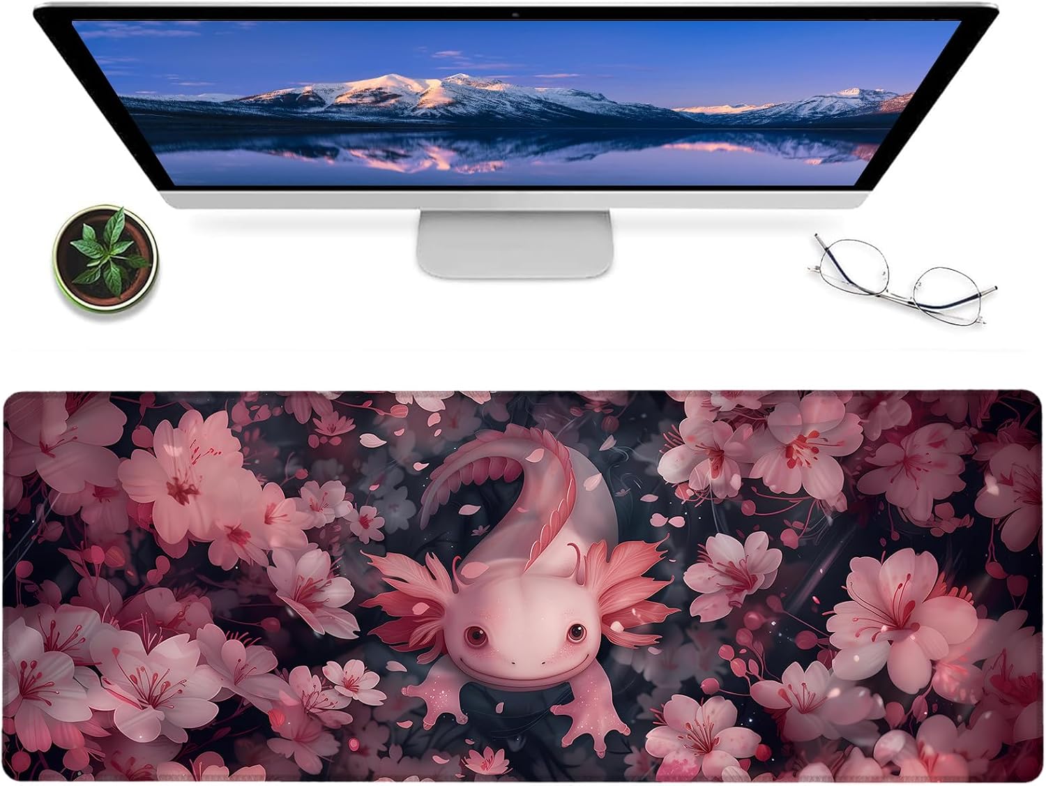 Cute Axolotl Gaming Mouse Pad – 12x31.5in Large Extended Desk Mat with Adorable Pink Salamander Design – Non-Slip Rubber Mousepad for Office Home – Deskmat Gifts for Ocean Lovers Decor