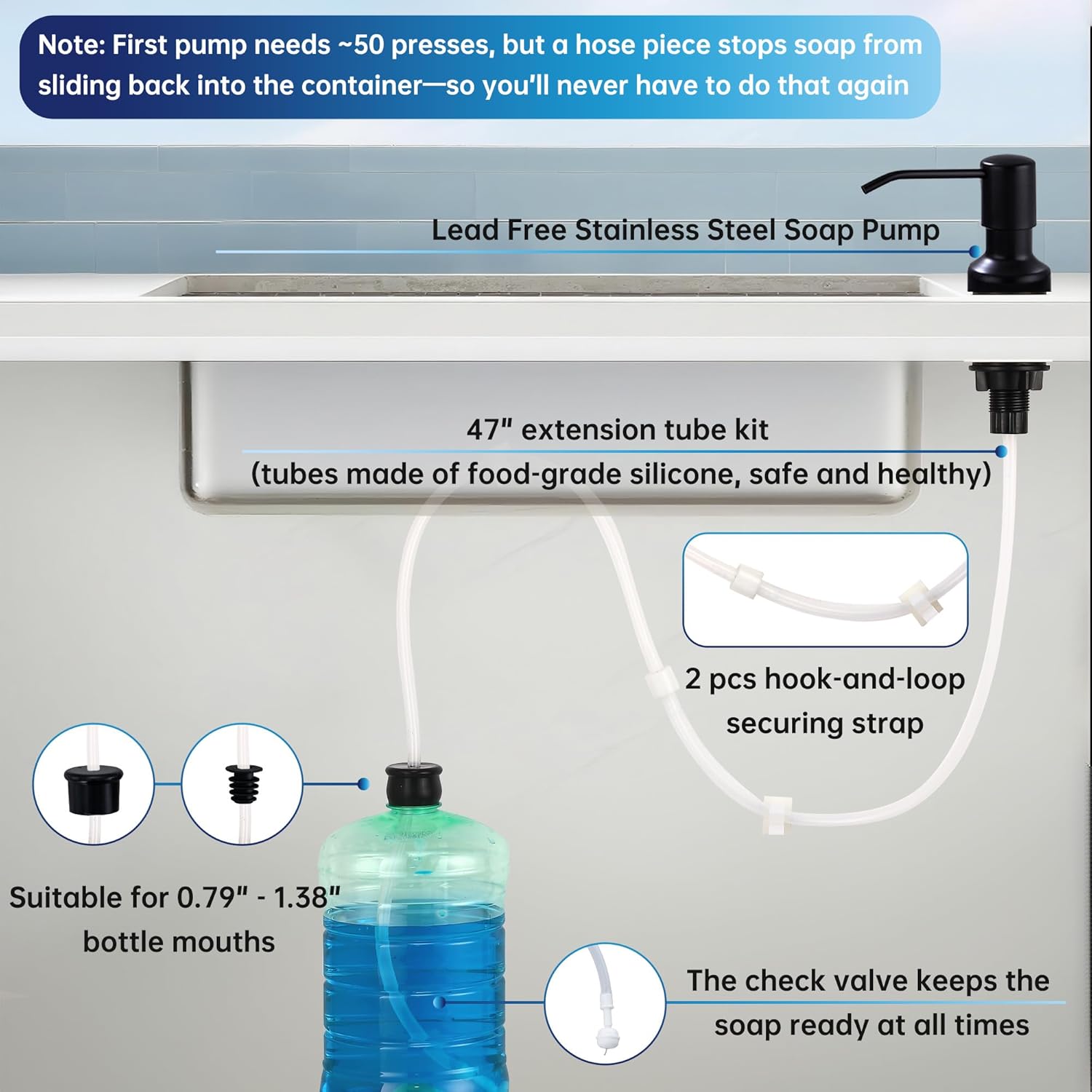 Avola Kitchen Black Sink Soap Dispenser,Stainless Steel Countertop Sink Soap Dispenser Pump with 47" Silicone Extension Tube Kit, Design for Kitchen Bathroom, No More Refills（Matte Black