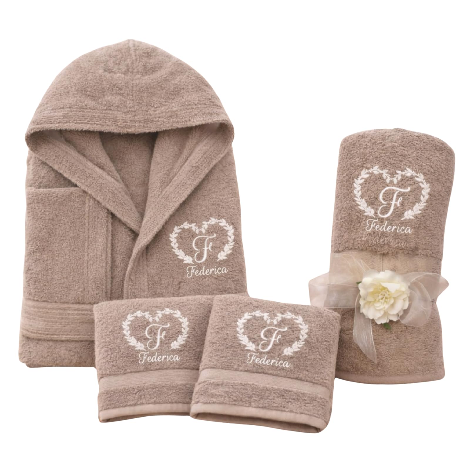 D&Vlab Kit Set 4 pz Accappatoio e 2 Asciugamani viso e bidet + Telo Doccia Grande Personalizzati con Nome Ricamati - in morbida spugna di cotone - Idea regalo per Uomo Donna Lui e Lei CORNICE DECORO