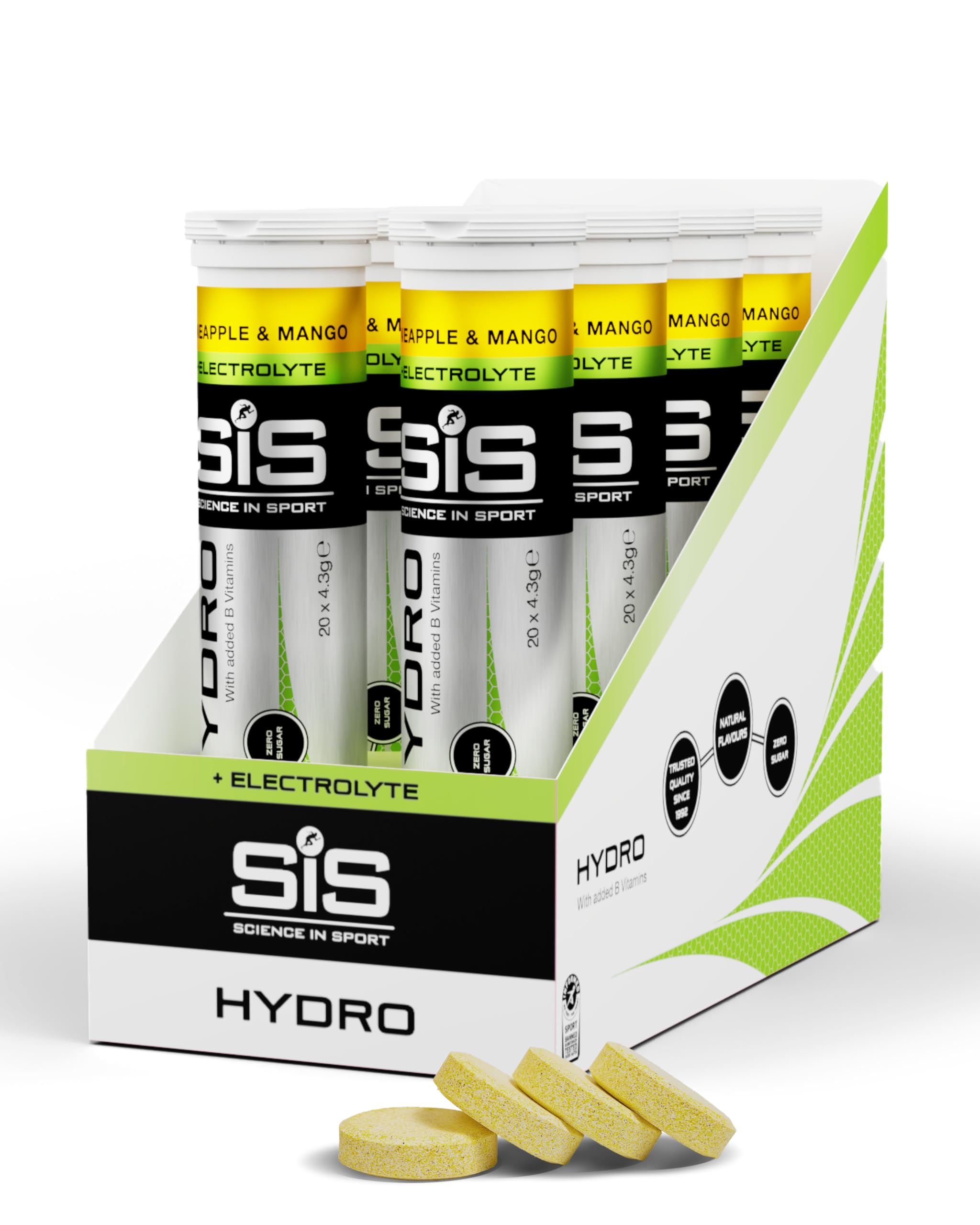 Science In Sport Hydro Comprimés d'Hydratation, Sans Gluten, Zéro Sucre, Saveur Ananas et Mangue Plus Électrolytes, 20 Comprimés Effervescents par Flacon (8 Flacons)