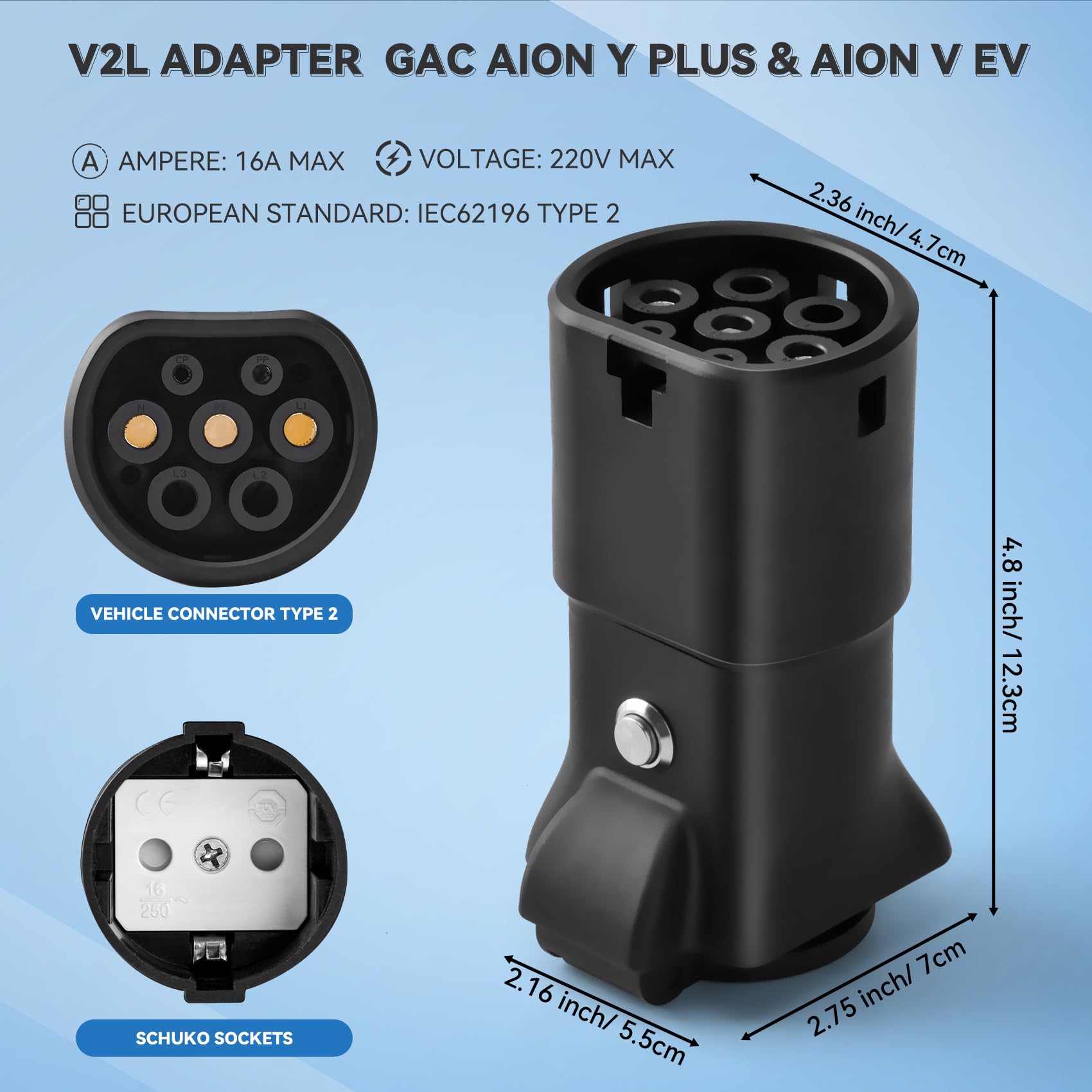 JULIK Adaptador V2L para GAC Aion V, Aion Y Plus y Hyptec HT – 3.5kW 16A 230V Descarga Externa EV a Enchufe Schuko – para Aion UT, Hyptec GT – Emergencias y Camping