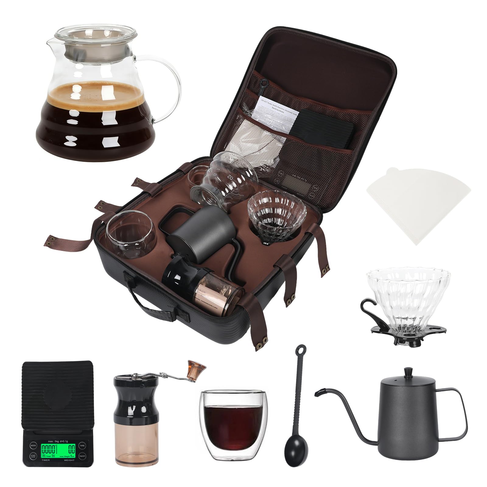 Ayrirel Pour over Coffee Maker Set,8 Pack Hand Brewed Coffee Set for Outdoor,Travel Coffee Gift Set with Coffee Grinder Server, Kettle, Filter, Scale(No Batteries), Glass Drip Funnel,All in the Bag