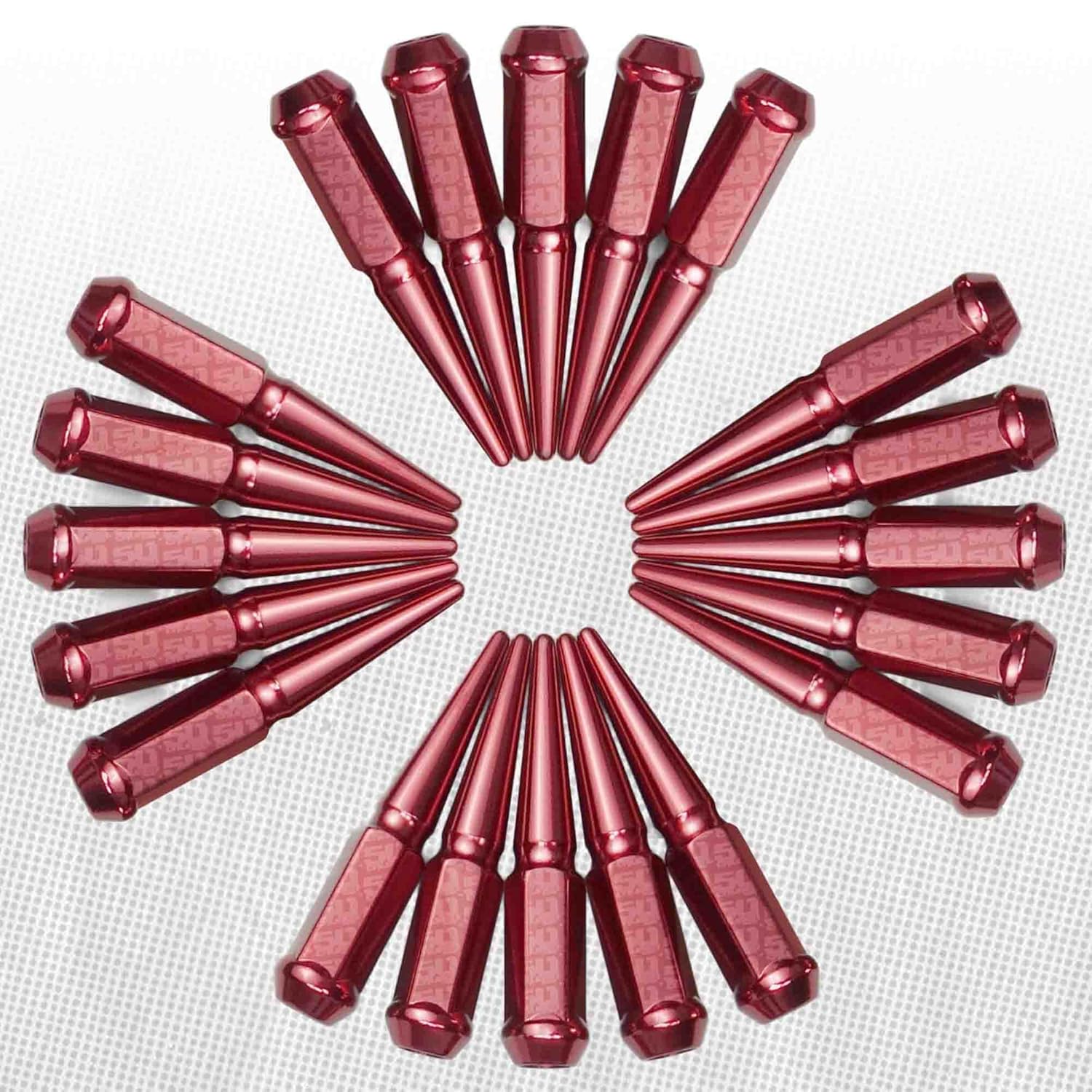 50 Caliber Racing 14x2.0mm Wheel Spiked Lug Nuts with Extended Spike Design, Fits Ford F150, F250, F350, Excursion, Expedition, Lincoln Mark LT, Navigator, (Set of 32, Red)