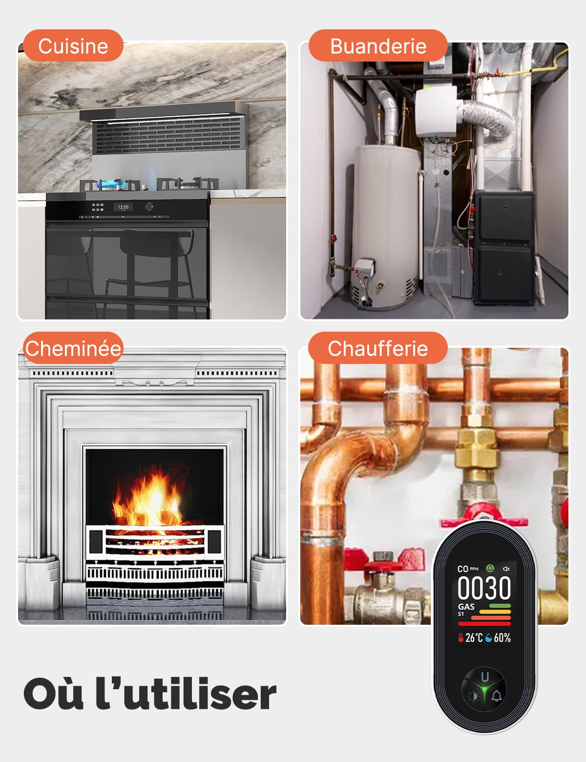 Détecteur de Monoxyde de Carbone et Gaz avec Prise - Détecteur CO 4-en-1 avec Capteur de Température & Humidité - Alarme Sonore pour GPL, Propane, Méthane, Éthane & CO - pour Maison et Caravane