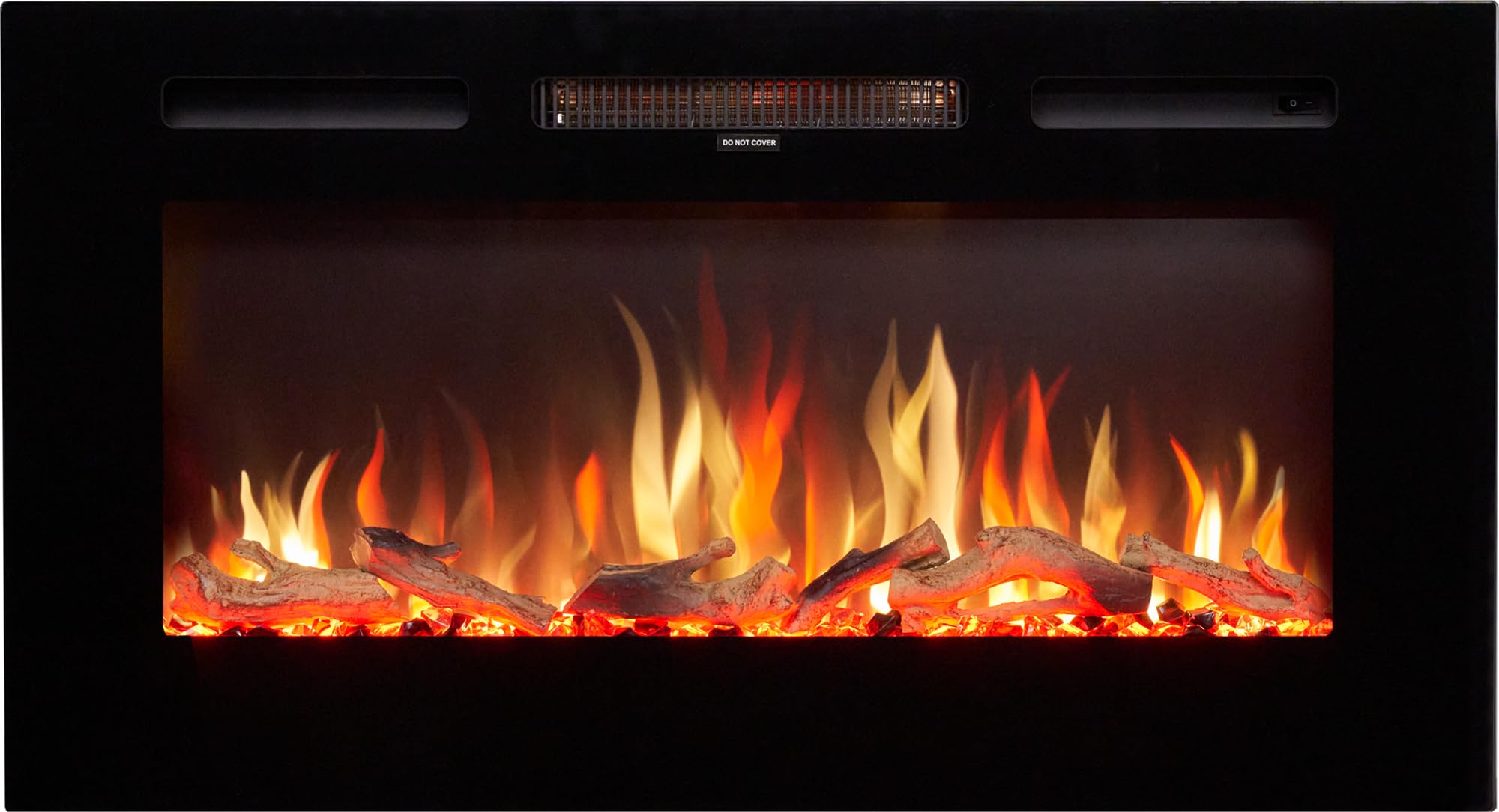 Adam Orlando 36 Inch Inset Wall Mounted Electric Fire - Black - 1kW/2kW Heat Output - Remote Control