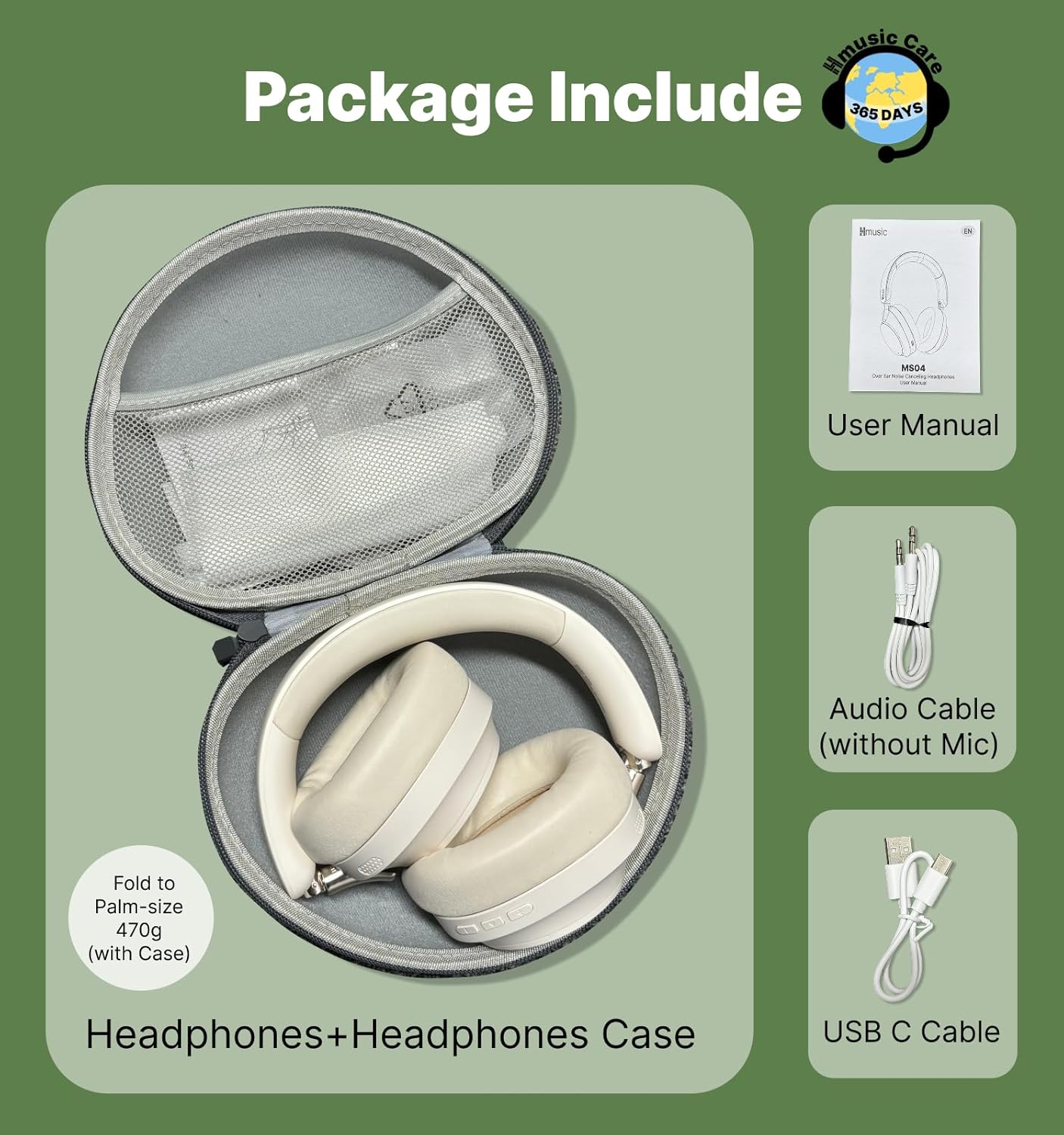 Hmusic MS04 Noise Cancelling Over Ear Headphones, 40dB Hybric ANC Headphones, 2 Mic ENC, 80H Long Battery Life, 3.5 Audio Wired/Bluetooth 5.3,Foldable w/Case,Sound Proof for Game/Travel/Work/Commute - Image 9