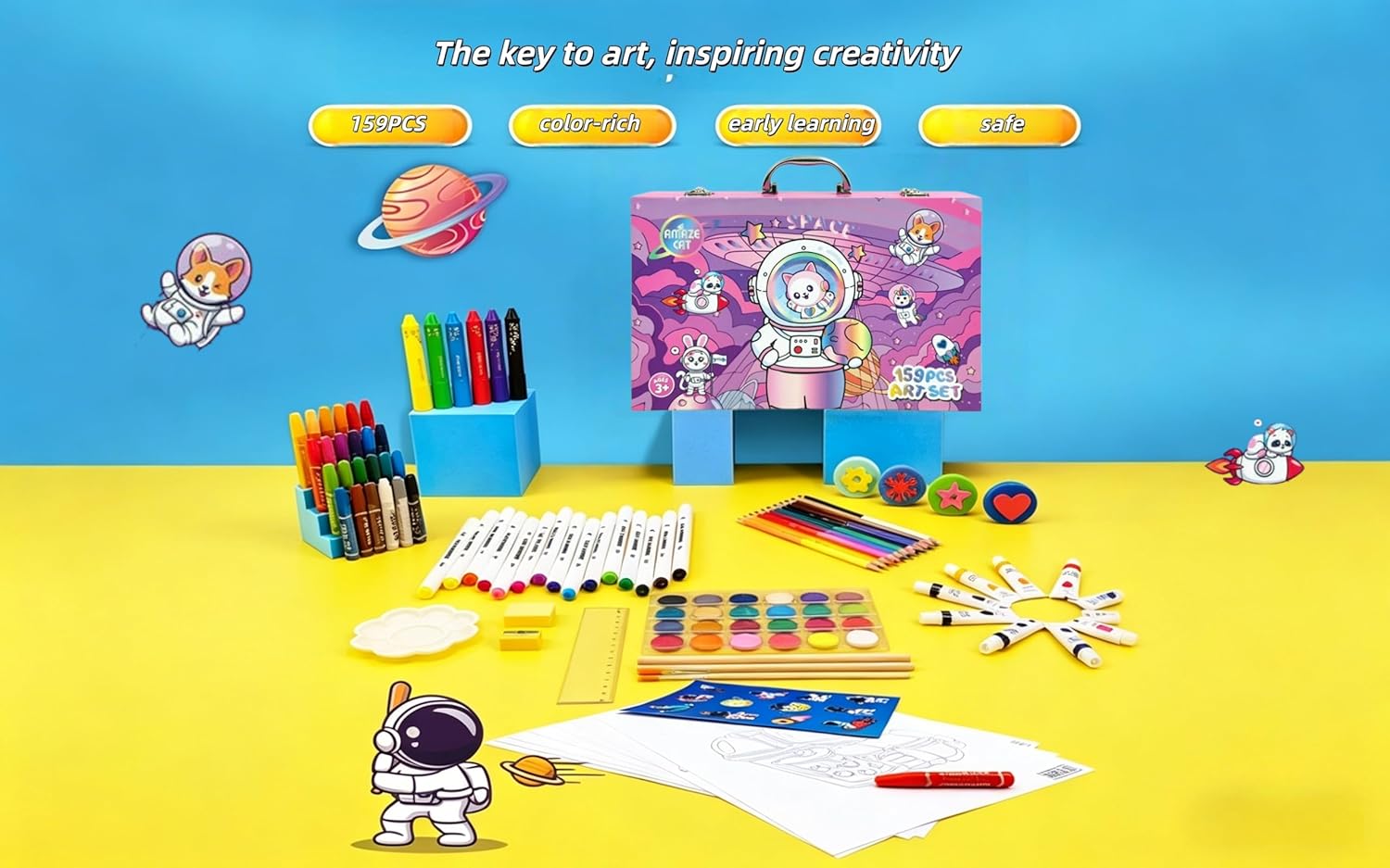 AmazeCat Art Supplies,159-Piece Deluxe Art Set,Drawing &Painting Kits for Kids,Gift Box for Adults Artists Kids Teens Girls Boys 4-12