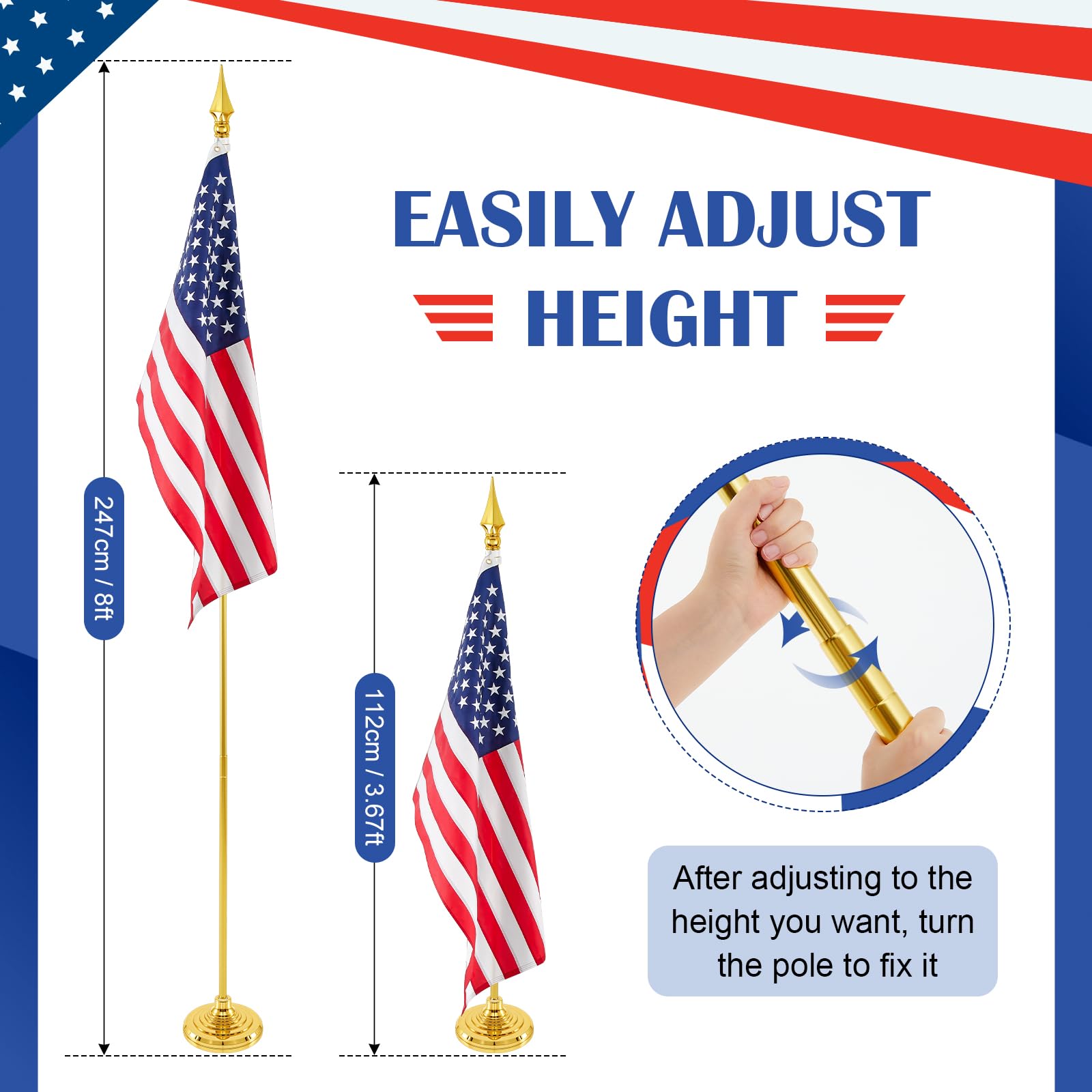 Moxweyeni Kit de mástil de bandera de interior telescópico de 3.5 a 8 pies con base de aluminio resistente dorado y soporte para oficina, escuela, ayuntamiento, no incluye cartel